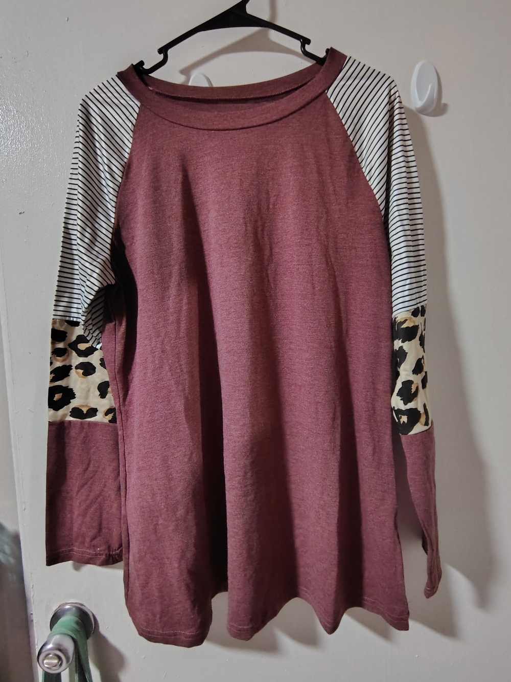 Maroon Raglan Long Sleeve Shirt with Striped and Leopard Detail